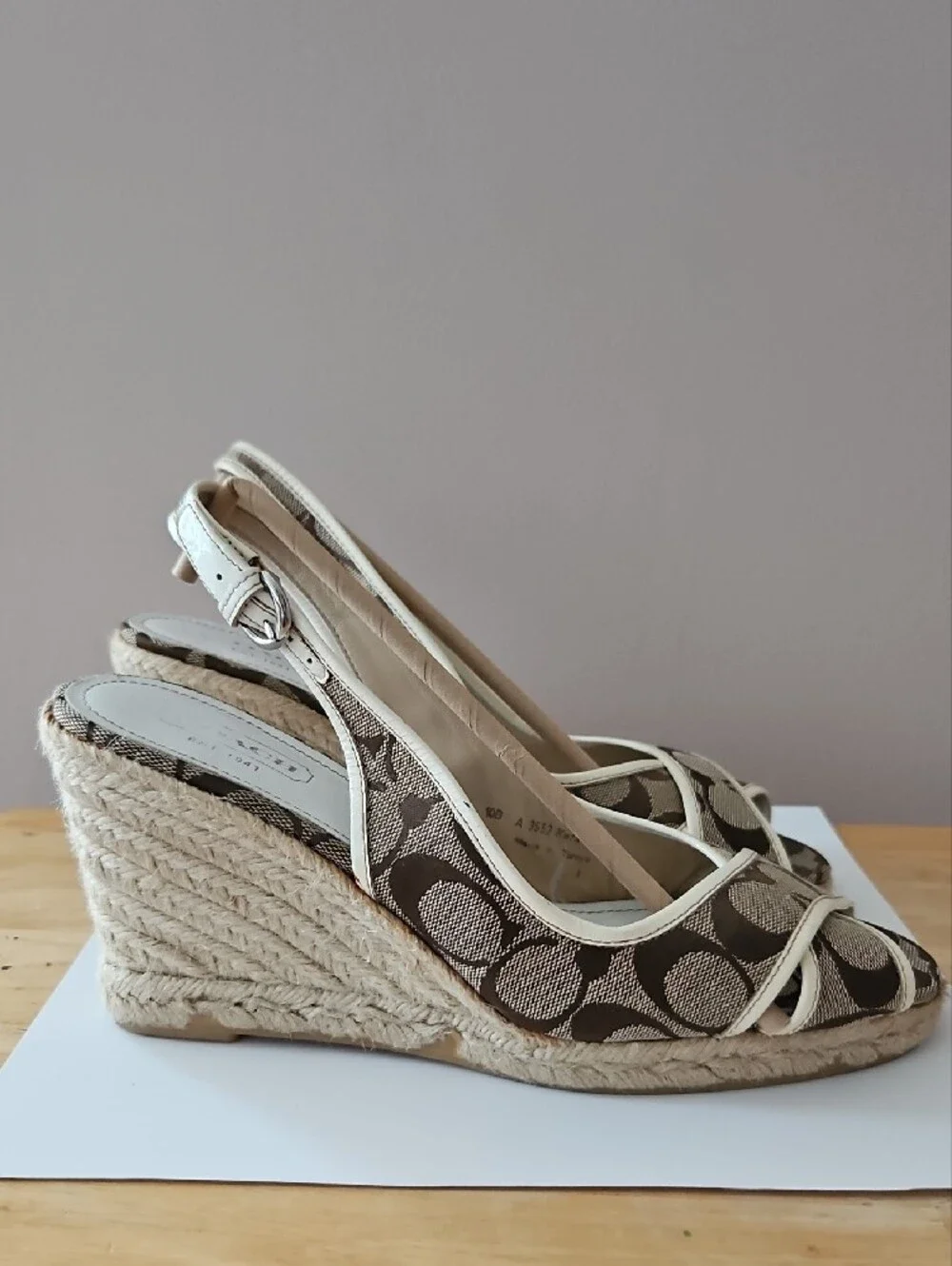 Coach Beige Canvas Kara Espadrille Slingback Wedges 10B Signature